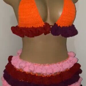 Multi-Color Crochet Matching Set - Bright Halter Top & Ruffle Skirt